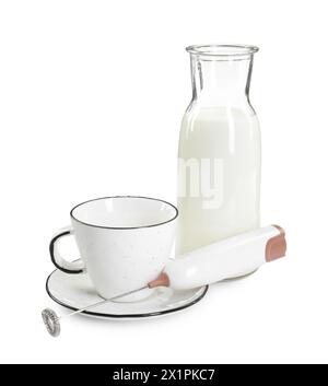 Mini mixer (milk frother), cup and bottle isolated on white Stock Photo