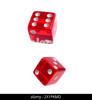 Two red dice in air on white background Stock Photo