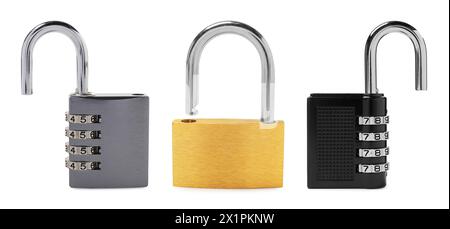 Different padlocks isolated on white, set of photos Stock Photo