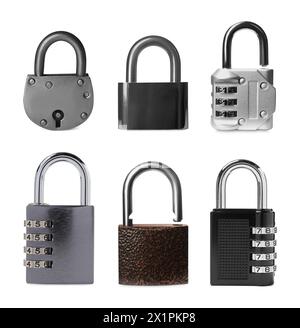 Different padlocks isolated on white, set of photos Stock Photo
