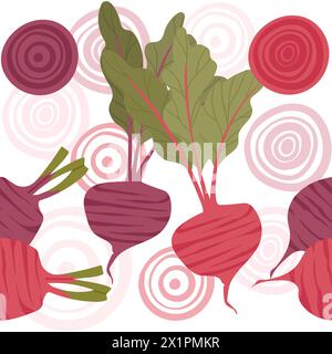 Seamless pattern of beetroot with green leaves tasty sweet vegetable vector illustration on white background Stock Vector