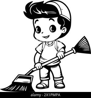 Cute boy sweeping the floor with a broom. Vector illustration. Stock Vector