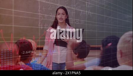 Teacher with book educates diverse students Stock Photo