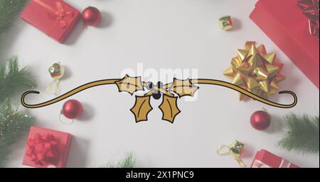Red gift boxes with golden ribbons are lying on white surface Stock Photo