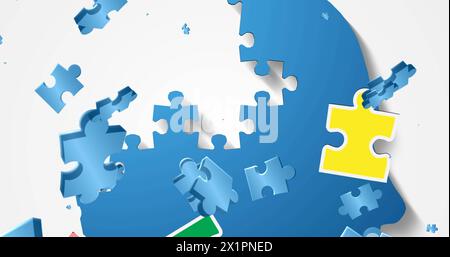 Blue and yellow puzzle pieces are floating against white background Stock Photo