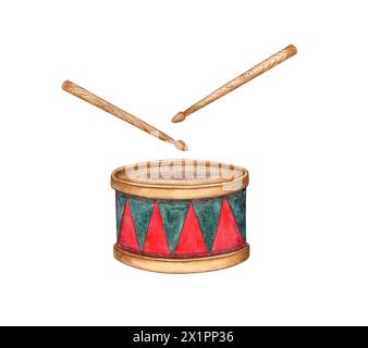 Watercolor illustration of a red and green drum and stick isolated from the background. Musical instrument on the theme of music, hobby, learning. For Stock Photo