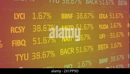Multiple screens displaying stock market data with percentages and ticker symbols Stock Photo