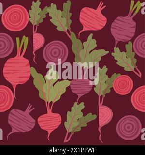 Seamless pattern of beetroot with green leaves tasty sweet vegetable vector illustration on dark background Stock Vector