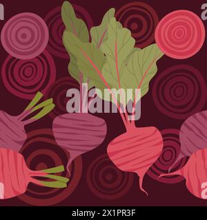 Seamless pattern of beetroot with green leaves tasty sweet vegetable vector illustration on dark background Stock Vector