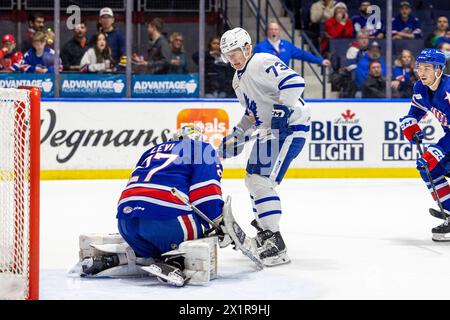 April 17th, 2024: Toronto Marlies forward Zach Solow (73) skates in the first period against the Rochester Americans. The Rochester Americans hosted the Toronto Marlies in an American Hockey League game at Blue Cross Arena in Rochester, New York. (Jonathan Tenca/CSM) Stock Photo