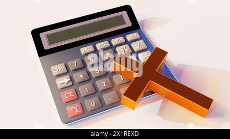 3d rendering of a calculator and gold cross on the white background Stock Photo