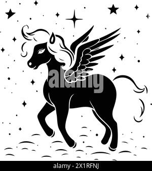 Unicorn with wings in the night sky. Vector illustration. Stock Vector