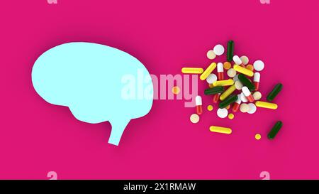 Assorted medical pills and human brain with red background in conceptual format. Showing the brain consuming too much of medicine. 3D rendering. Stock Photo