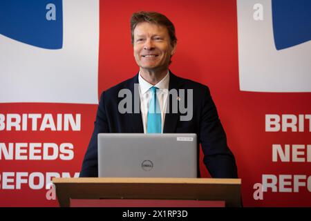 London, UK. 08th Apr, 2024. Leader of Reform UK Richard Tice speaks at a press conference to outline his party's policy's ahead of the general election at the Institute of Marine Engineering and Science Technology in London. The party outlined their plans for the 'crisis' in the National Health Service by providing tax breaks for people with private health insurance to ease the pressure on the NHS.politic, politics, political, political party, press conference, media, government, National Health Service NHS, Credit: SOPA Images Limited/Alamy Live News Stock Photo