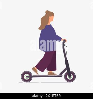 Woman riding electric walk scooter. Side. Colored flat vector illustration.  Isolated on white background. Stock Photo