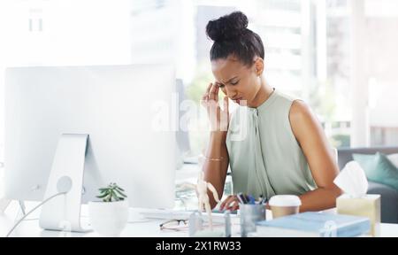 Administrator, stressed and business woman on computer, planning and schedule for company on technology. Receptionist, system administration and Stock Photo