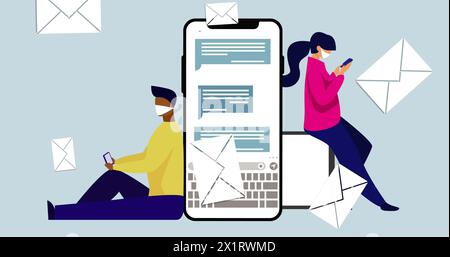 Man sitting and woman standing are using smartphones next to giant laptop Stock Photo