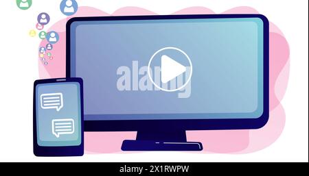 A computer monitor displaying play button and a smartphone showing message bubbles Stock Photo