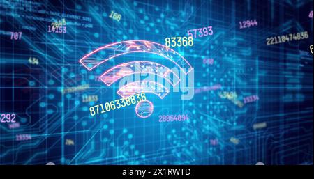 A digital representation of Wi-Fi signal icon floats amid a backdrop of numbers Stock Photo