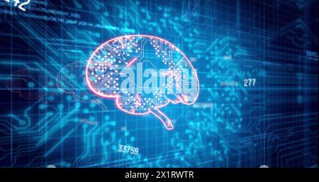 A glowing digital brain floats against blue circuit board background Stock Photo