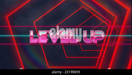 Neon LEVEL UP in a hexagon on dark with red lines Stock Photo