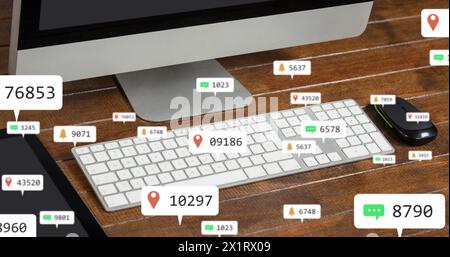 Computer on desk displays social media interaction numbers Stock Photo