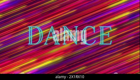 Bright neon letters spell out DANCE against vibrant background of diagonal stripes Stock Photo