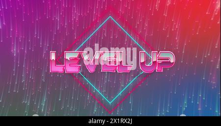 Neon LEVEL UP letters in a diamond on a vibrant background Stock Photo