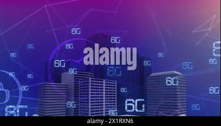 Digital graphics showing skyscrapers with overlay of 6G network symbols Stock Photo