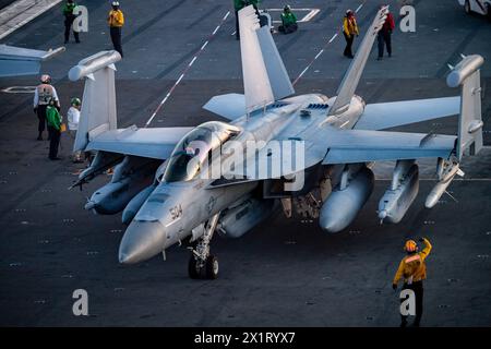 240415-N-TY639-2336 ATLANTIC OCEAN  (April 13, 2024) An E/A-18G Growler, attached to the “Main Battery” of Electronic Attack Squadron (VAQ) 144, trans Stock Photo