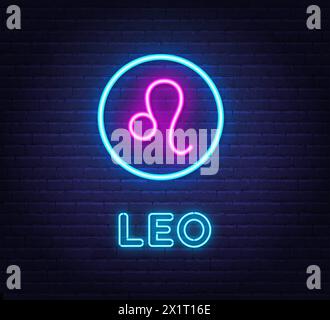 Neon Leo Sign on brick wall background. Stock Vector