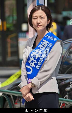 Candidate of the Constitutional Democratic Party of Japan Natsumi Sakai attends the campaign for House of Representatives by-election near Toyosu station in Tokyo, Japan on April 16, 2024. Stock Photo