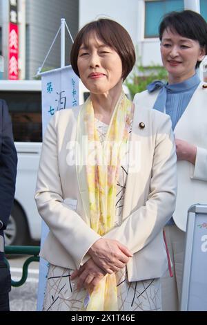 Japan Communist Partyleader Tomoko Tamura attends the campaign for the House of Representatives by-election near Toyocho station in Tokyo, Japan on April 16, 2024. Stock Photo