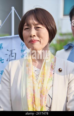 Japan Communist Partyleader Tomoko Tamura attends the campaign for the House of Representatives by-election near Toyocho station in Tokyo, Japan on April 16, 2024. Stock Photo