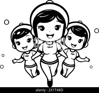 Astronaut family running in the sea. Cartoon vector illustration. Stock Vector