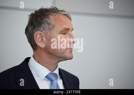 18 April 2024, Saxony-Anhalt, Halle: Björn Höcke, chairman of the Thuringian AfD, stands in the courtroom of the Halle district court at the end of the break. He is accused of using the symbols of unconstitutional and terrorist organizations. Photo: Jan Woitas/dpa Stock Photo