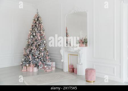 Classic Christmas decorated interior room, New year tree with silver ...