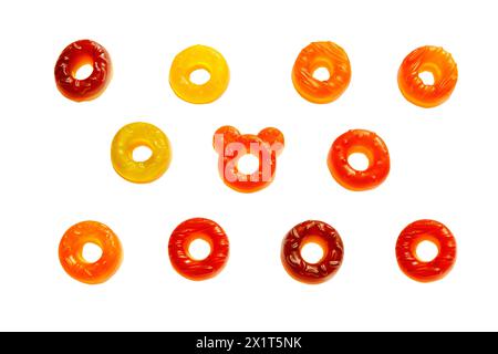 Close up of sweet jelly donuts set isolated on white background. Stock Photo