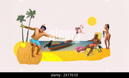 Happy, joyful young people, men and women relaxing on beach, sunbathing, diving, swimming. Contemporary art collage. Stock Photo