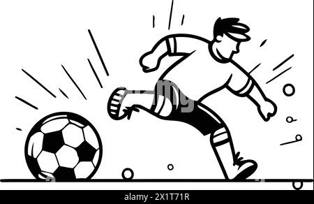 Soccer player kicking ball. Vector illustration in flat linear style. Stock Vector
