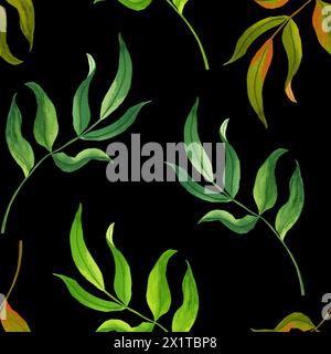 Watercolor seamless pattern with branches and leaves. Hand painted leaves and branches isolated on black background. Illustration for design, print Stock Photo