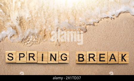 Summer break is shown using the text with wooden cubes on the sandbeach and seashore. Summertime concept idea. Stock Photo