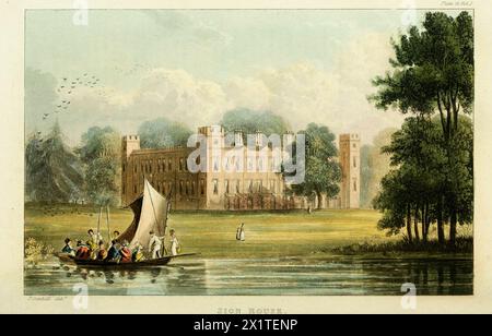 'Sion House' (Syon).  Vintage Historical Print from Repository of Arts Published by Rudolph Ackermann, 1810s.  Syon House  is the west London residence of the Duke of Northumberland  lies within the  Syon Park, in the London Borough of Hounslow. Stock Photo