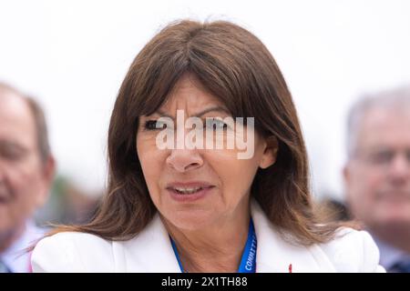 Olympia, Greece - April 16, 2024: Paris mayor Anne Hidalgo during Olympic flame lighting ceremony for the Paris 2024 Summer Olympic Games in Ancient O Stock Photo