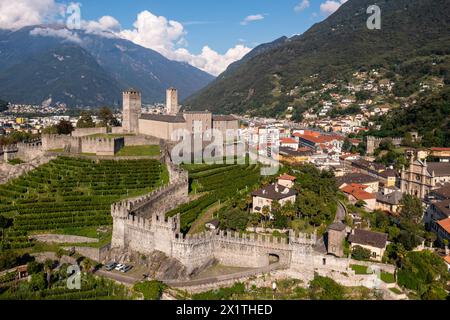 Aerial view of Bellinzona old town and the Castelgrande medieval castle in Canton Ticino in Switzerland. Stock Photo