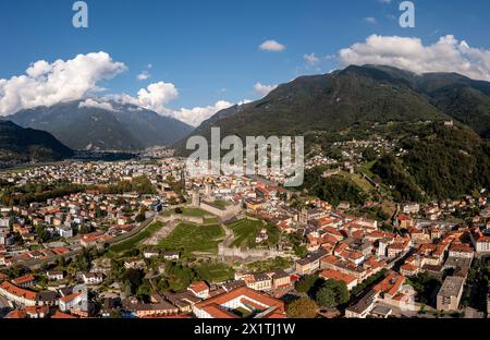 Aerial view of Bellinzona old town and the Castelgrande medieval castle in Canton Ticino in Switzerland. Stock Photo