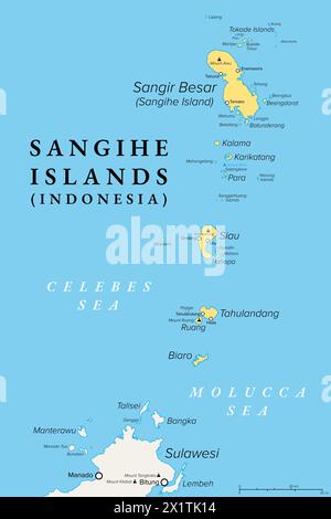 Sangihe Islands, group of islands in Indonesia, political map. Sangir, Sanghir or Sangi Islands, north of Sulawesi, between Celebes and Molucca Sea. Stock Photo