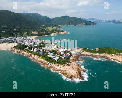 Shek O, Hong Kong: Aerial drone footage of the idyllic Shek O beach and luxury real estate in Hong Kong island Stock Photo