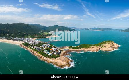 Shek O, Hong Kong: Aerial drone footage of the idyllic Shek O beach and luxury real estate in Hong Kong island Stock Photo