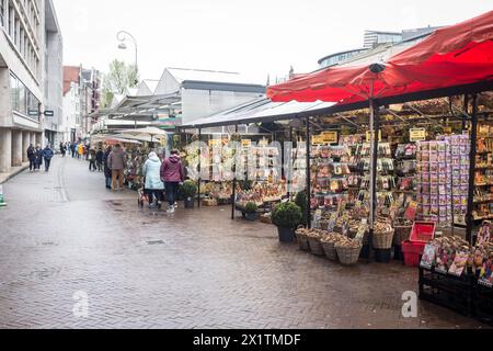 A view of the colorful, floating flower market, Bloemenmarkt, on the Singel in the center of Amsterdam, The Netherlands Stock Photo